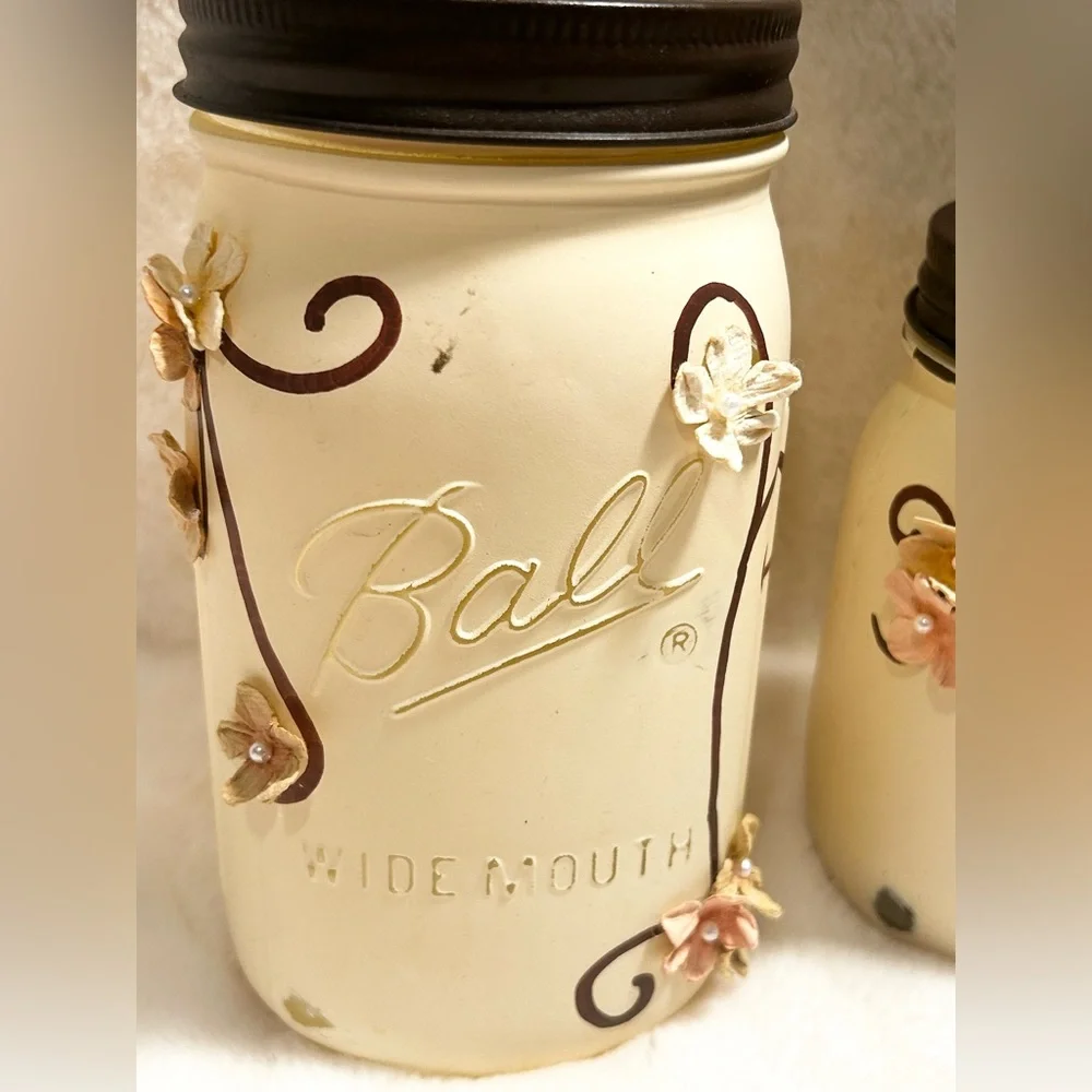 Rustic Farmhouse Mason Ball Kerr Jar 4 Pc Bathroom Set Ivory Chalk Paint